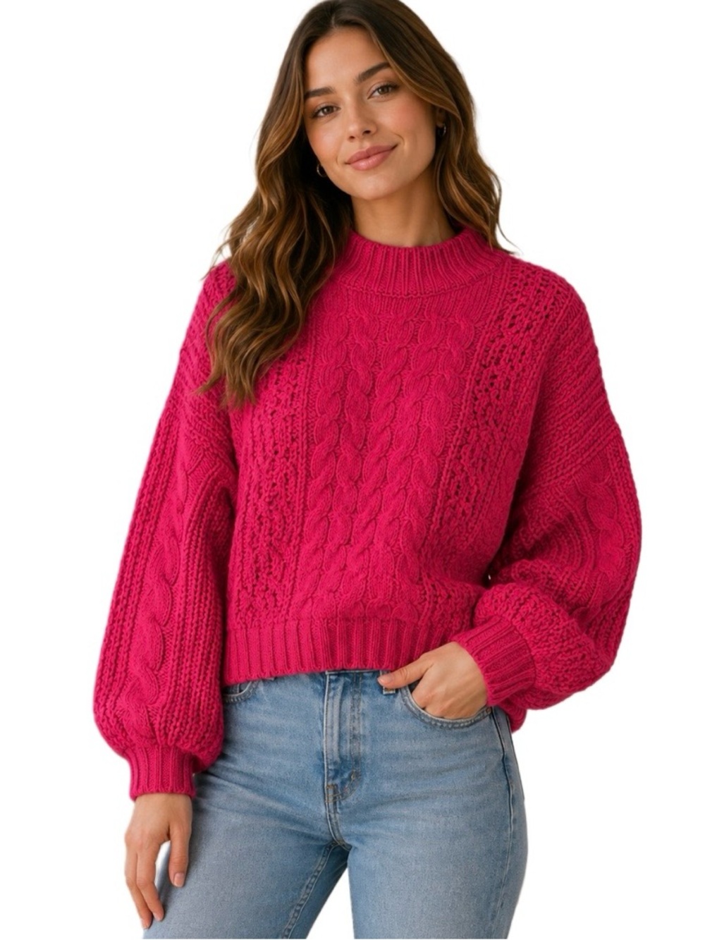 POL Chelsea mock neck cable knit chunky pink sweater size large bubble sleeves